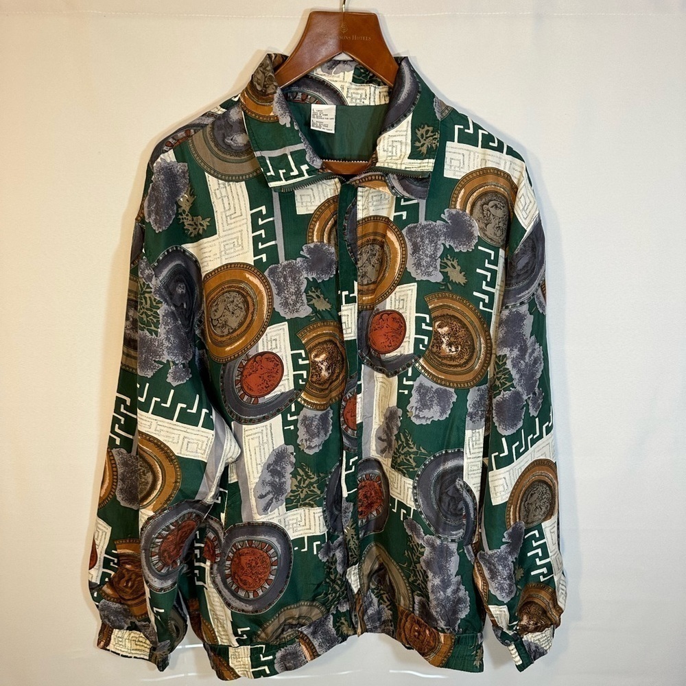 Carte 100% Silk Multicolor Boho Vintage Long Sleeve Windbreaker Bomber Jacket L